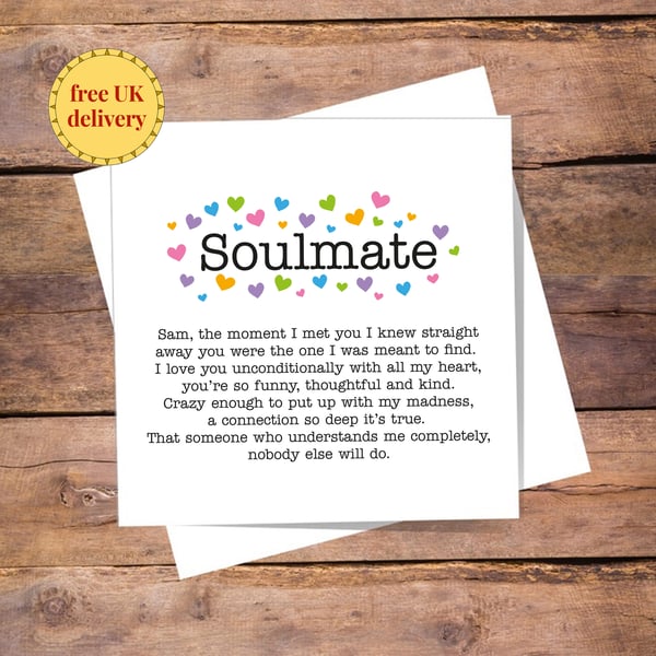 Soulmate Personalised Card - anniversary, valentines, birthday, love you