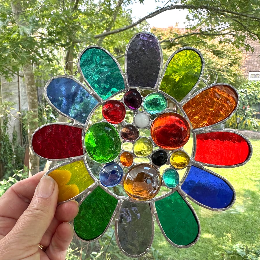 Stained Glass Bead Daisy Suncatcher - Handmade Window Decoration - Multi