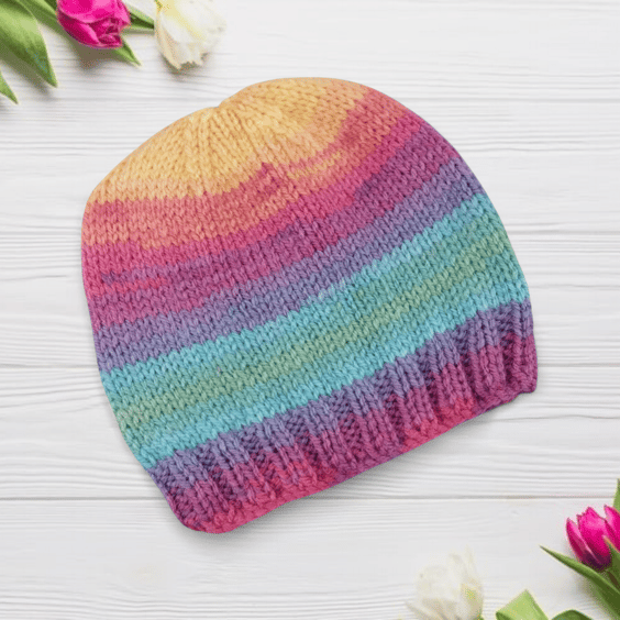 Multicoloured Hand Knitted Baby Hat for Winter, Rainbow 0-3 Months 