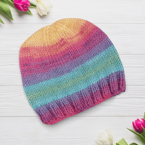 Multicoloured Hand Knitted Baby Hat for Winter, Rainbow 0-3 Months 