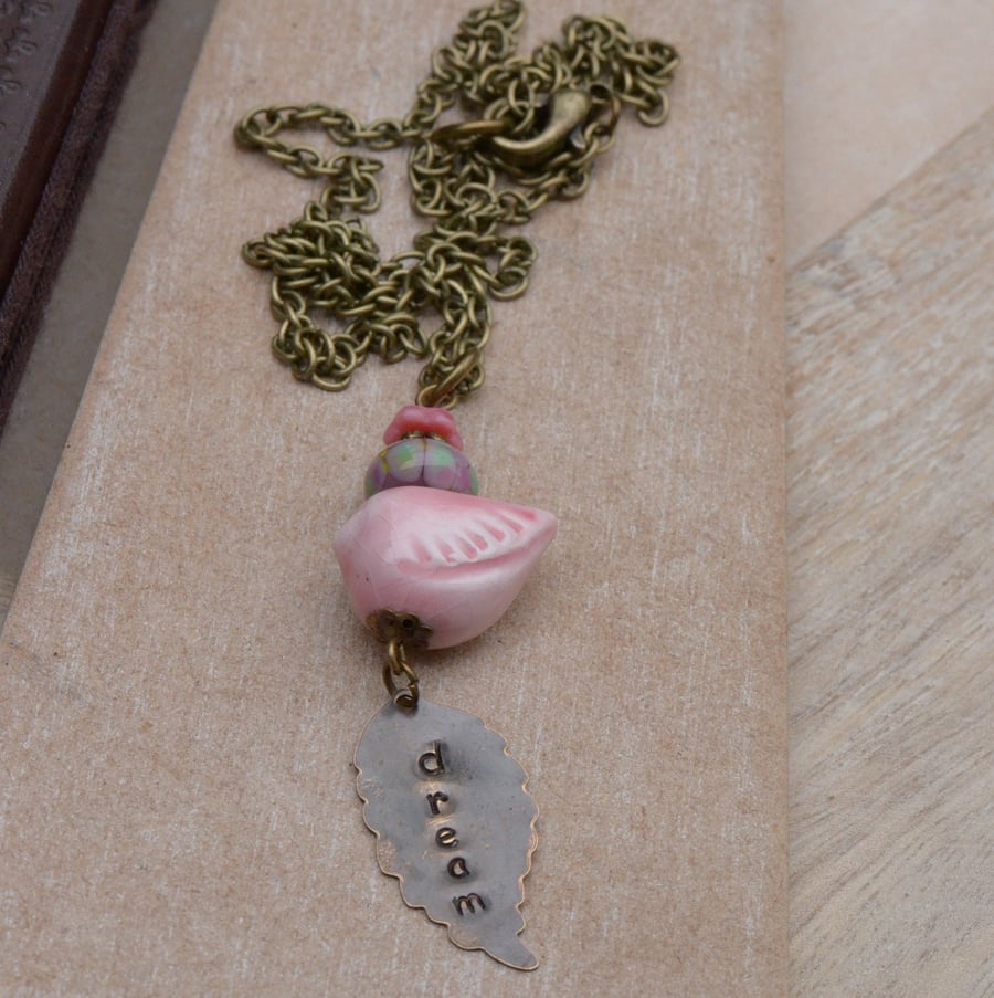 Dream Vintaj Hand Stamped Leaf, Pink Ceramic Bird and Lampwork Glass Necklace 