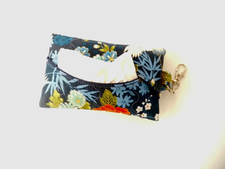 Key ring tissue holder for tissues or hankie in Japanese inspired fabric 