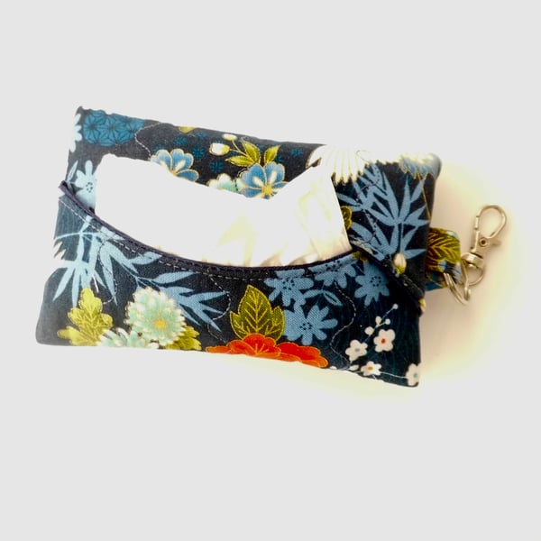 Key ring tissue holder for tissues or hankie in Japanese inspired fabric 