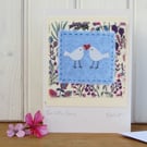 Two Little Doves hand-stitched miniature textile on card, anniversary, twins....