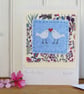 Two Little Doves hand-stitched miniature textile on card, anniversary, twins....