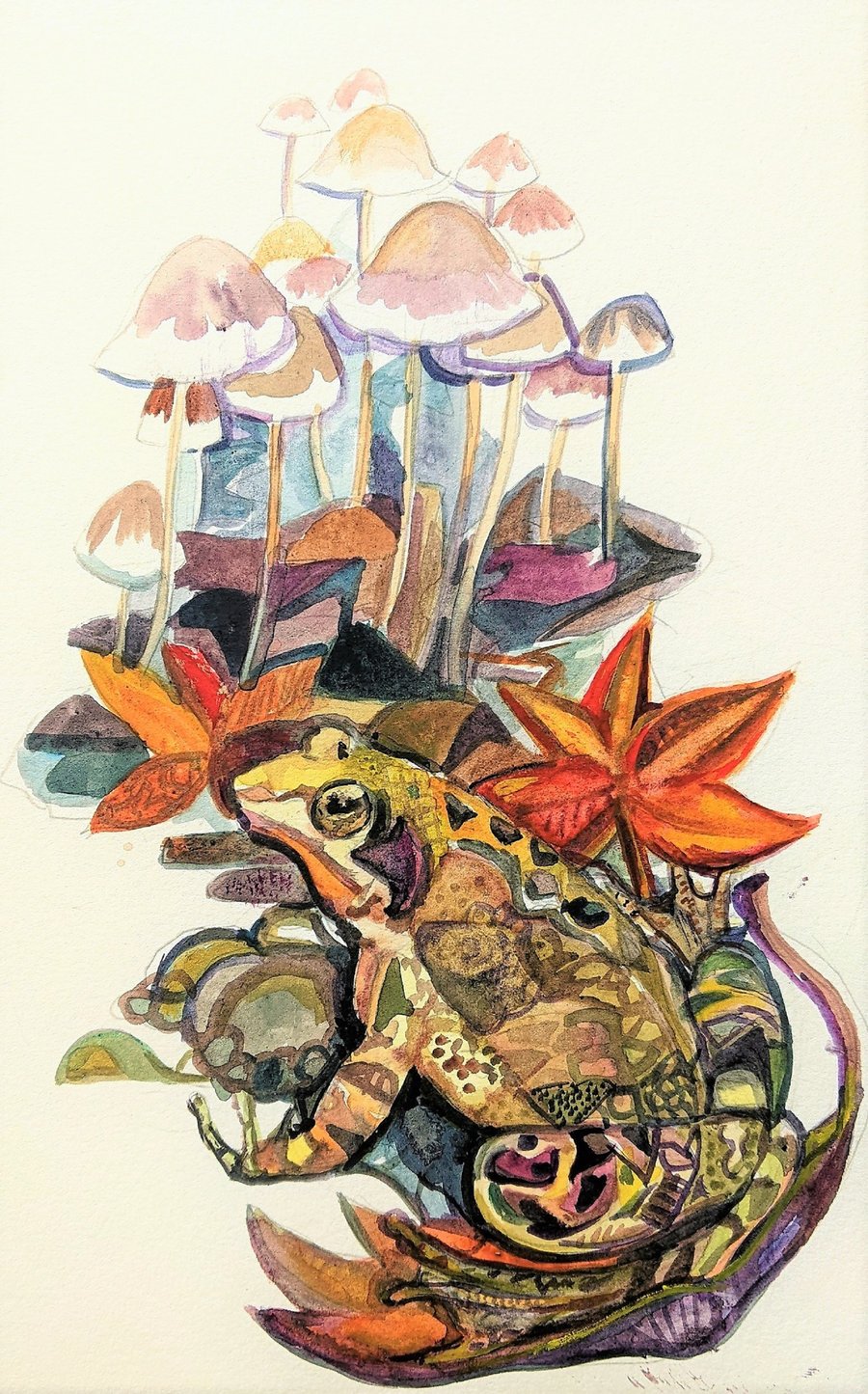 Frog Painting original watercolor autumn mushrooms