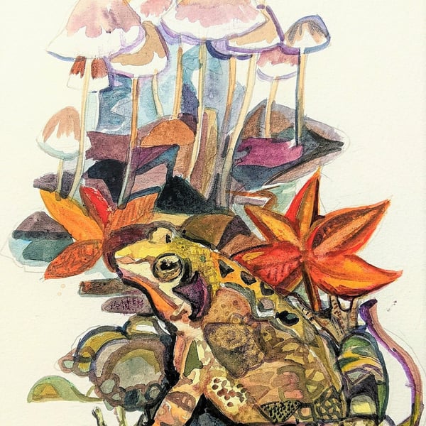 Frog Painting original watercolor autumn mushrooms