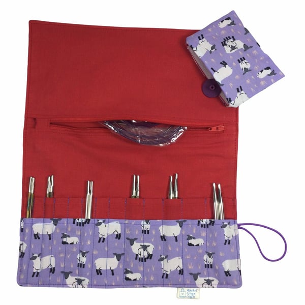 Interchangeable knitting needle case with purple sheep, addi needle case, chiago