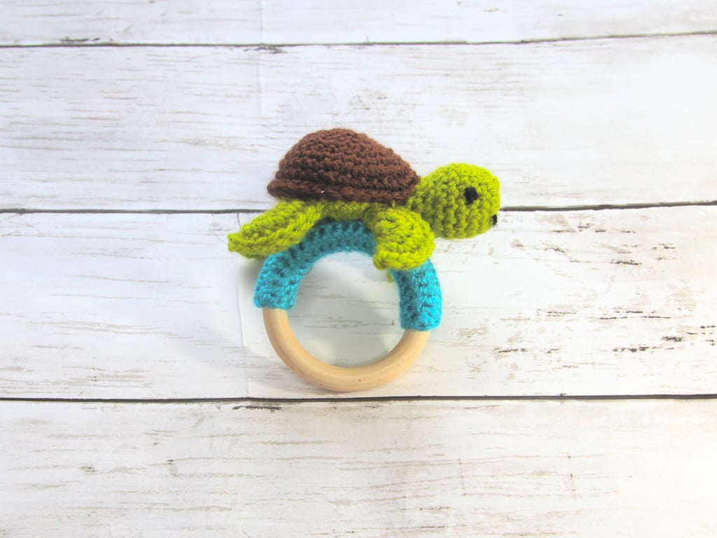 Crochet Turtle Teething Ring, Rattle, Wooden Baby Teether