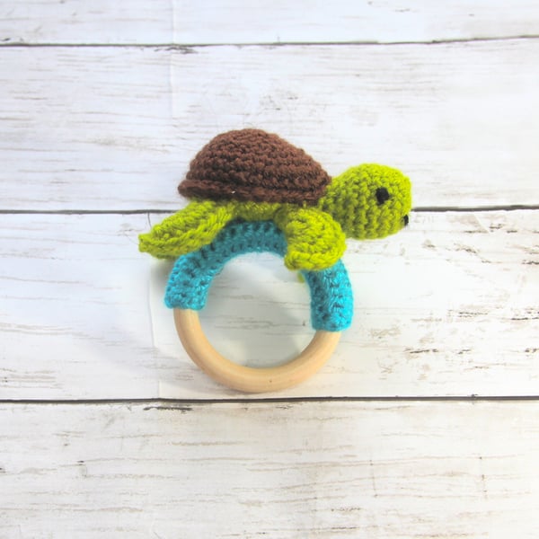 Crochet Turtle Teething Ring, Rattle, Wooden Baby Teether