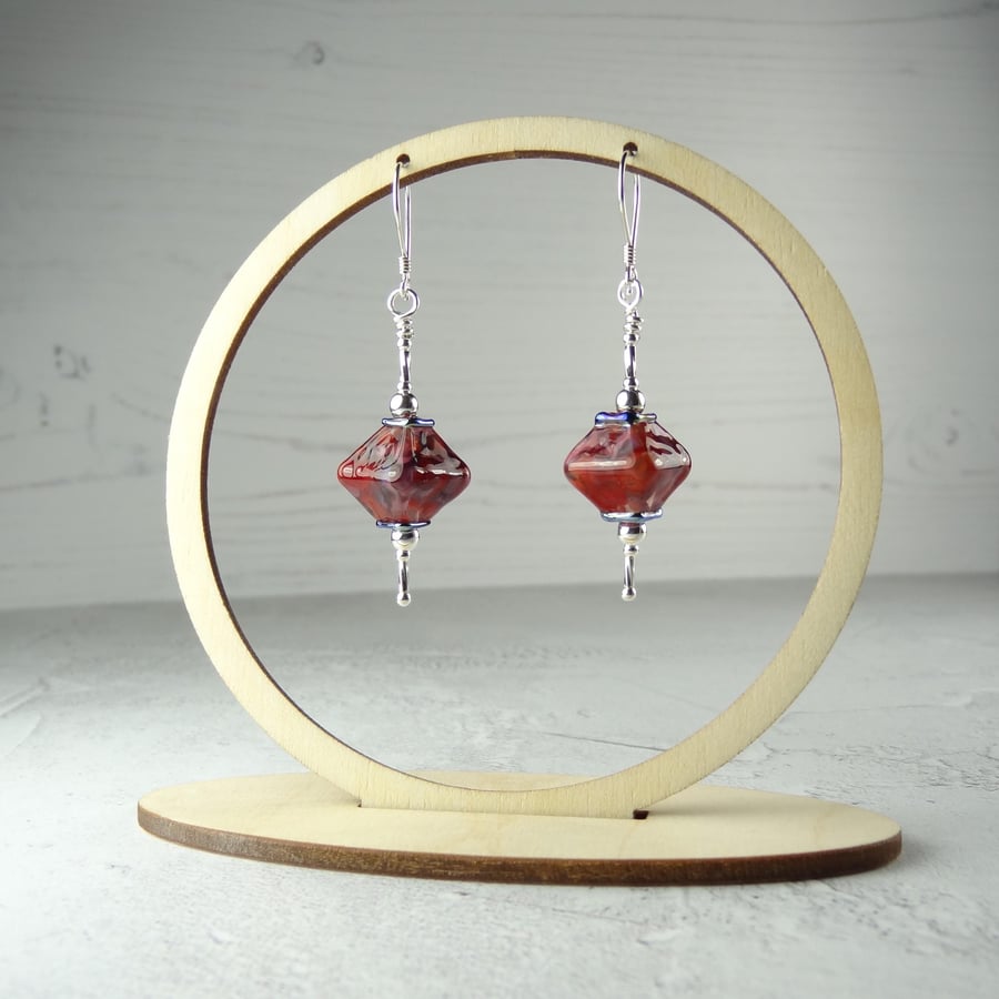 Maroon and pink lampwork glass drop earrings, sterling silver, gift box