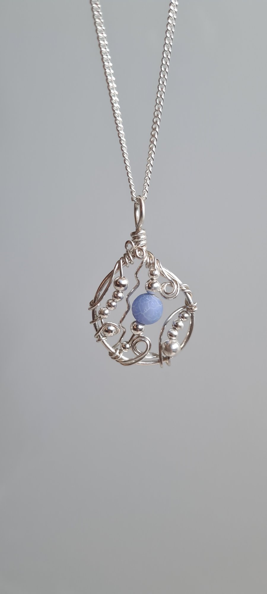 Handmade Unique 925 Silver & Blue Agate Necklace Pendant Gift Boxed Jewellery