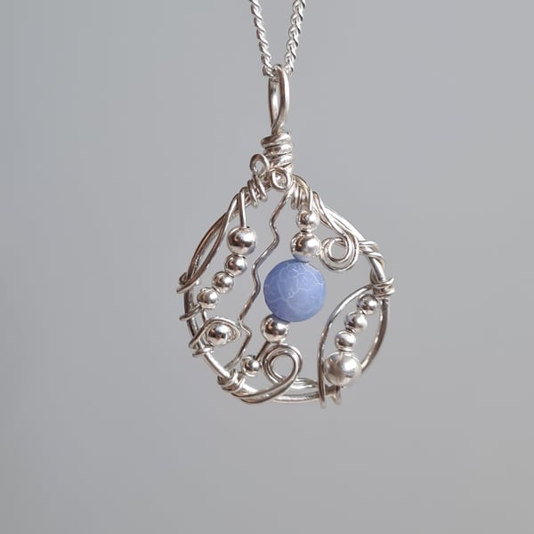 Handmade Unique 925 Silver & Blue Agate Necklace Pendant Gift Boxed Jewellery