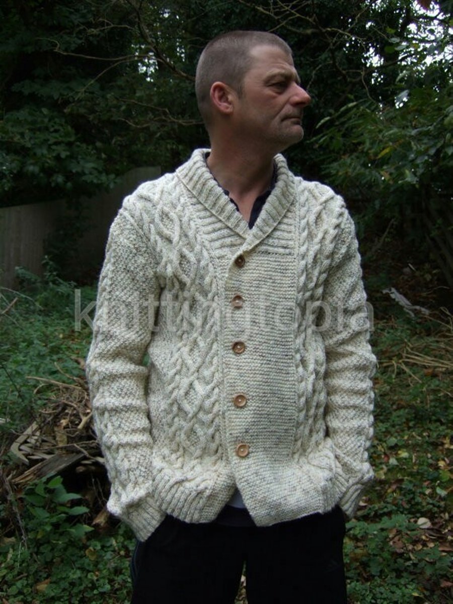 Hand knitted mens jacket cardigan in aran style shawl collar small - XXX large 