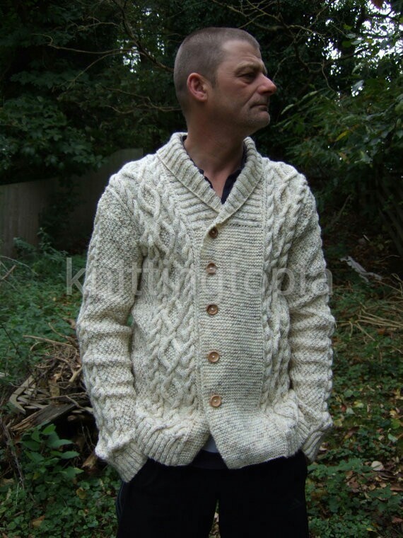 Hand knitted mens jacket cardigan in aran style shawl collar small - XXX large 