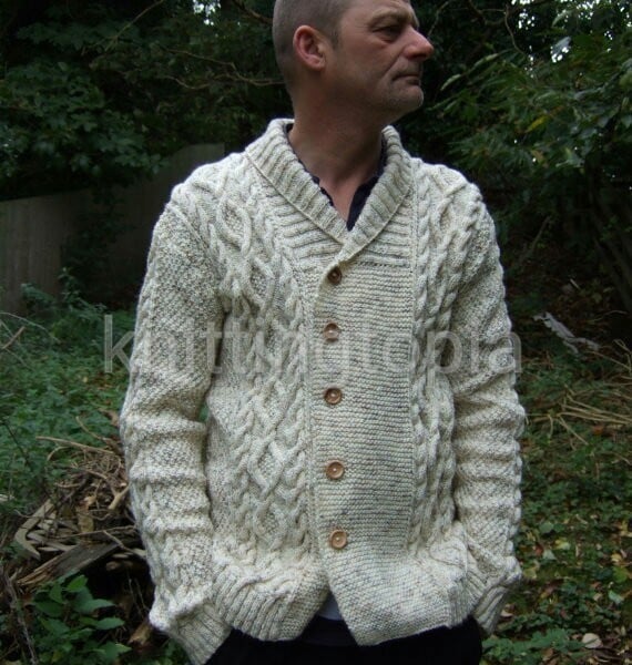 Hand knitted mens jacket cardigan in aran style shawl collar small - XXX large 