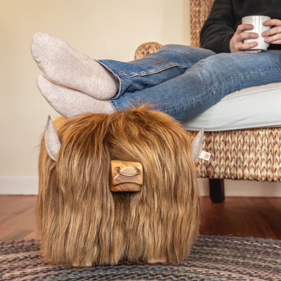 Fluffy Highland Bull Footstool - Honey