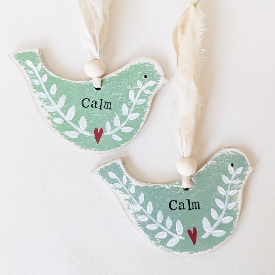 Painted Wooden Bird Hanging Decoration 'Calm'