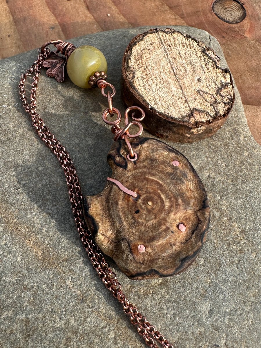 Carved Cherry Wood Pendant Inlaid with Copper