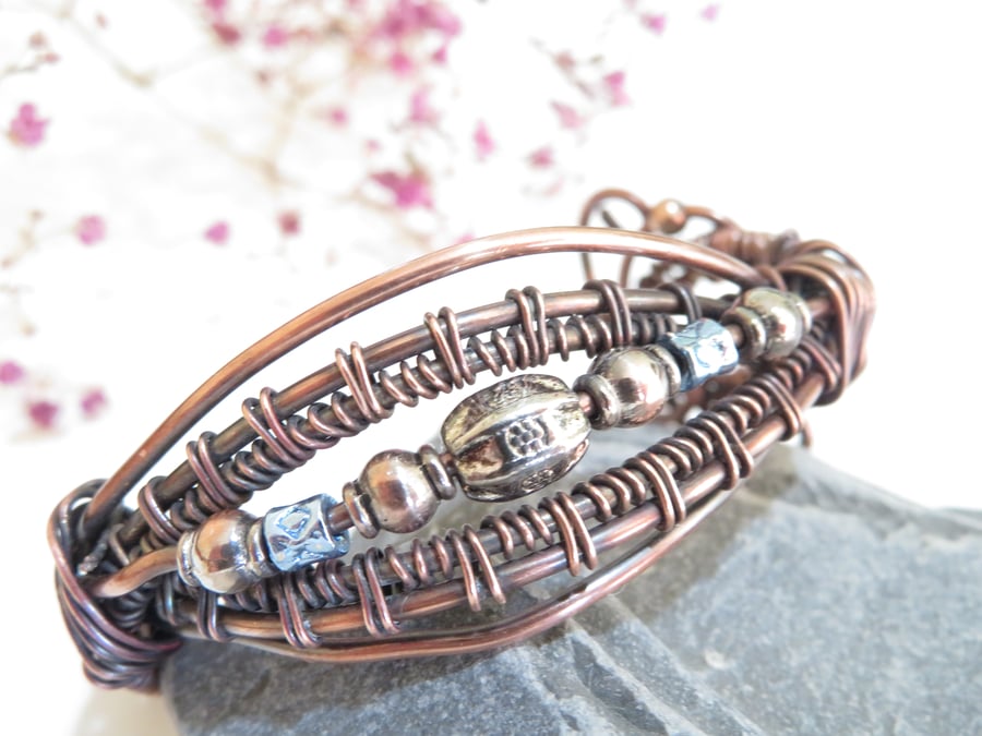 Copper Beaded Woven Bangle