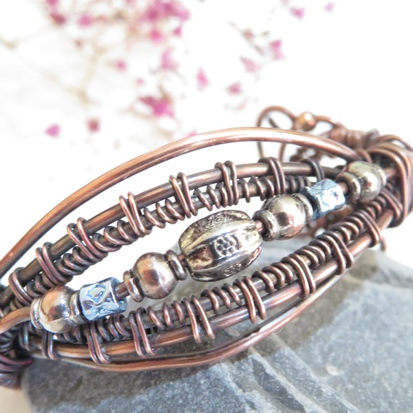 Copper Beaded Woven Bangle