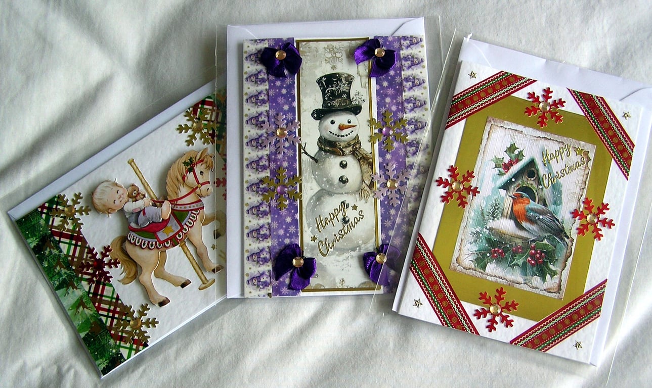 Set of 3 (Three) Beautiful Hand-Crafted Christmas Decoupage Greeting Cards (j)