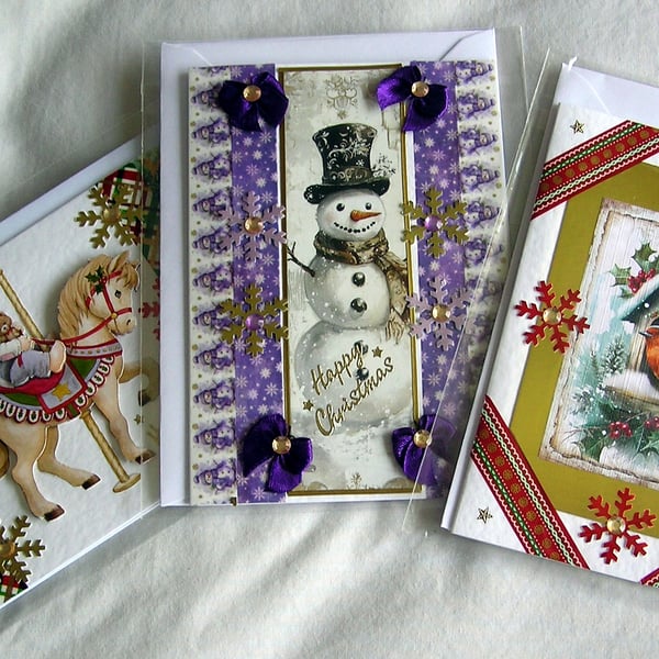 Set of 3 (Three) Beautiful Hand-Crafted Christmas Decoupage Greeting Cards (j)