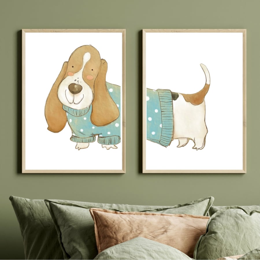 Quirky Basset Hound Dog Prints over 2 frames