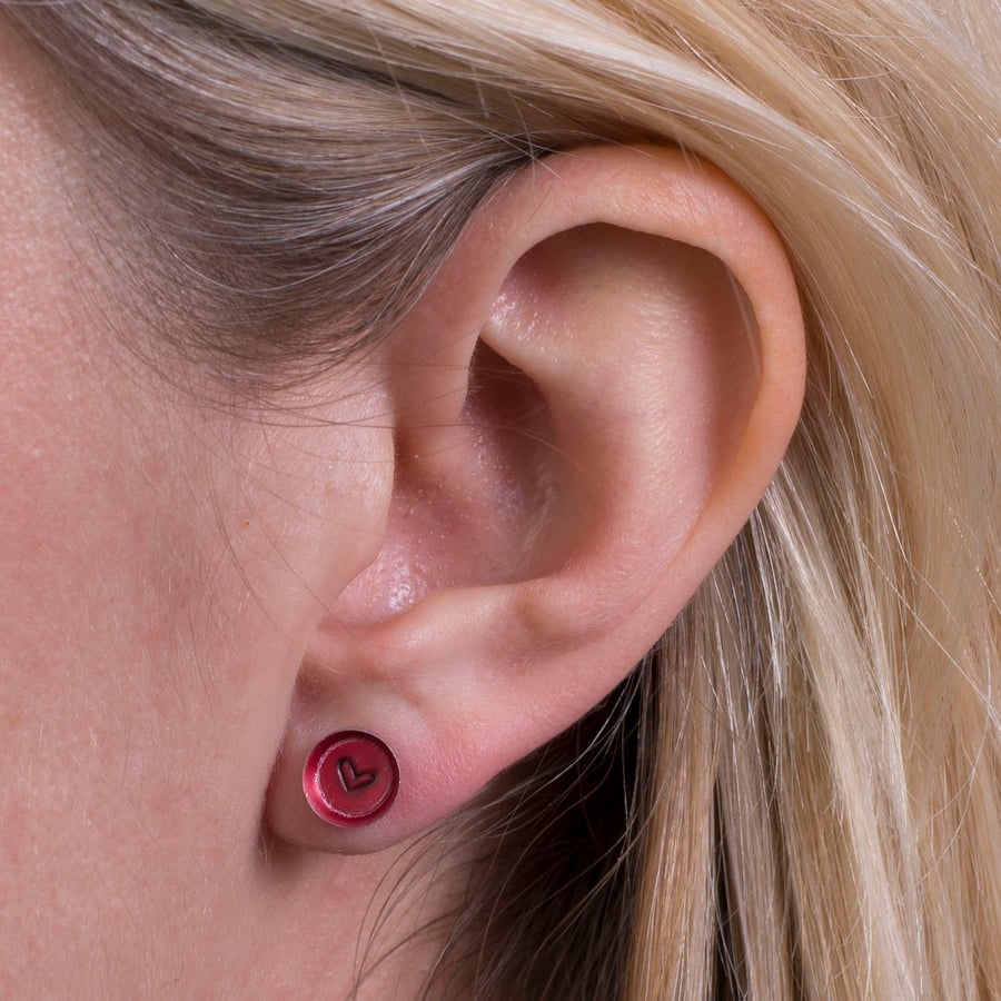 Red Aluminiuim Love Heart Stamped Handmade Stud Earrings