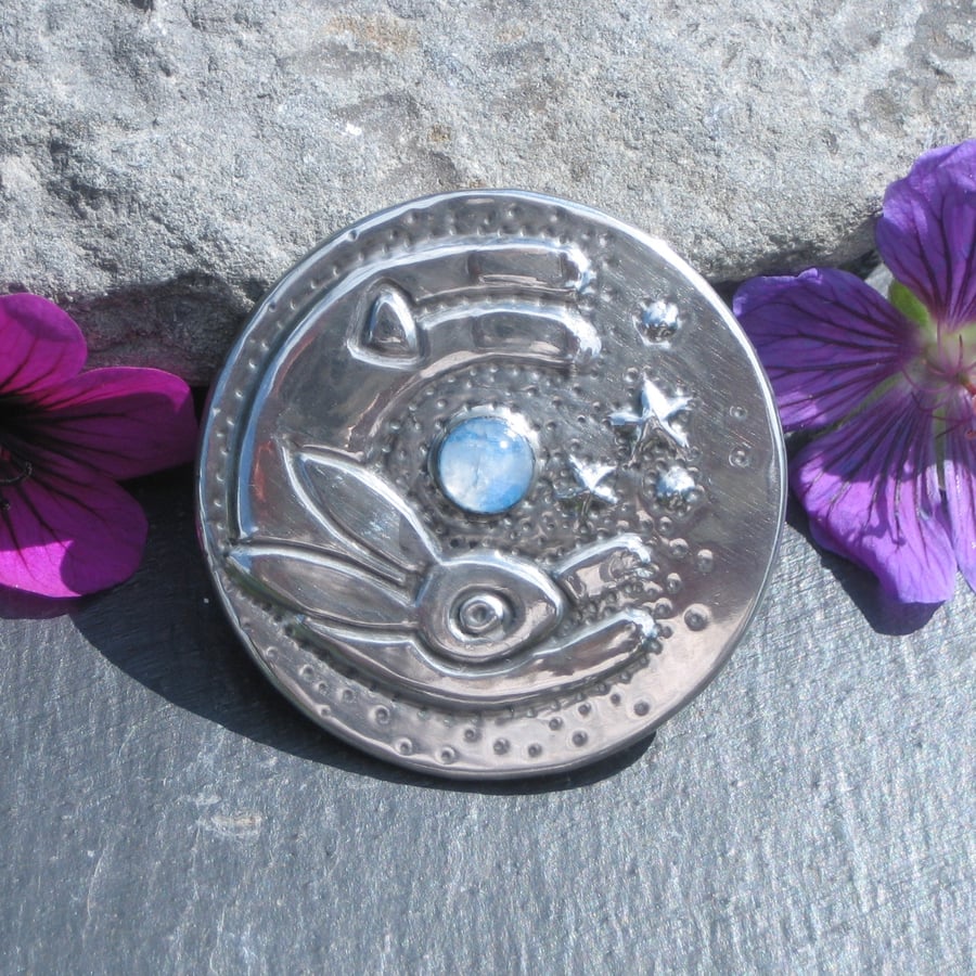 Leaping Hare Silver Pewter Brooch with Rainbow Moonstone