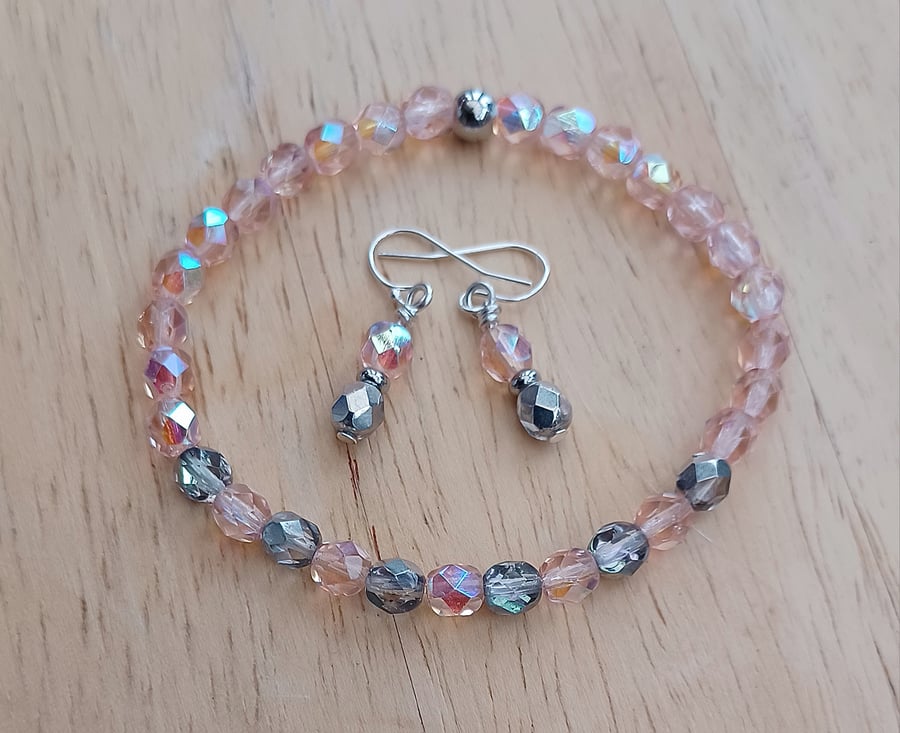 Czech Bead Beacelet & Pierced Earrings, Matching Set, Pink and Silver