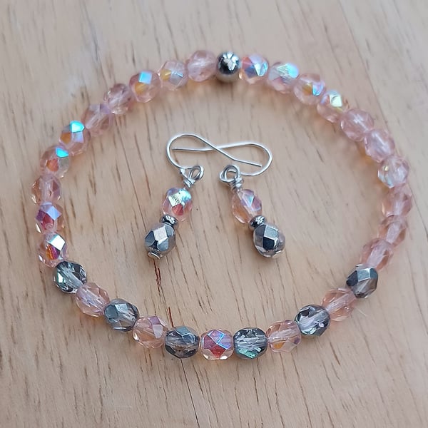 Czech Bead Beacelet & Pierced Earrings, Matching Set, Pink and Silver
