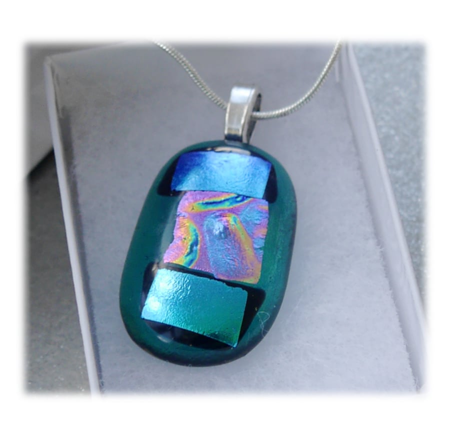 Dichroic Glass Pendant 105 Aqua Abstract shimmer with silver plated chain