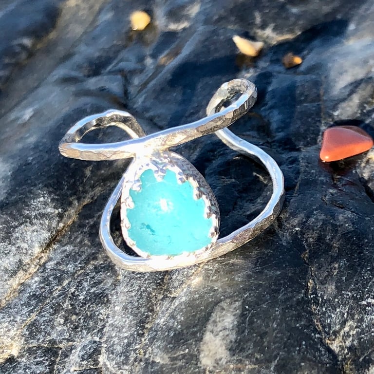 Bright  Aquamarine Sea Glass and Sterling Silver Ring - Adjustable - 1252