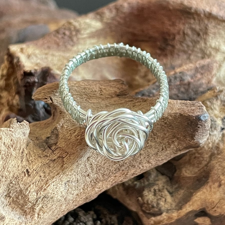 Wire Wrapped Rose Ring - Size 8.5  Silver Plated Copper