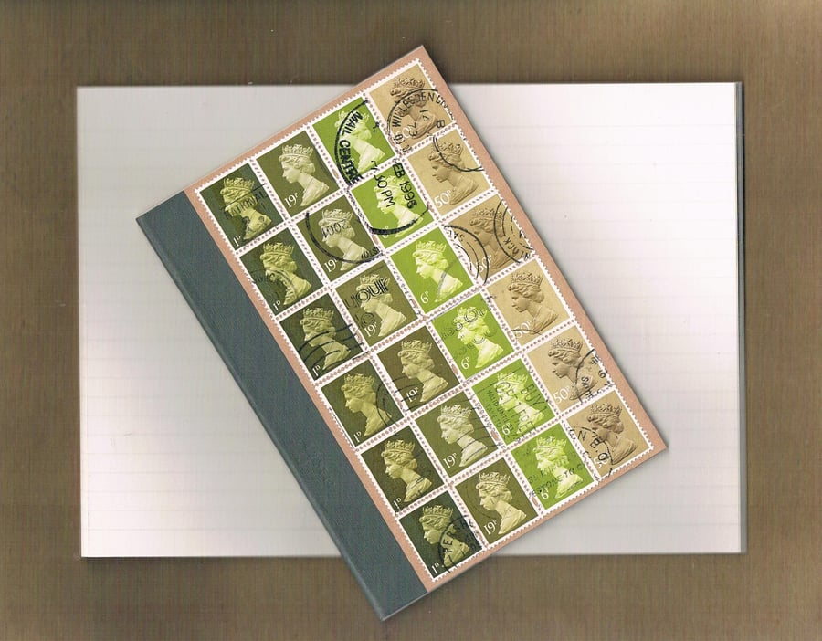 Upcycled Machin postage stamp notebook - olive green ombre, lined notebook