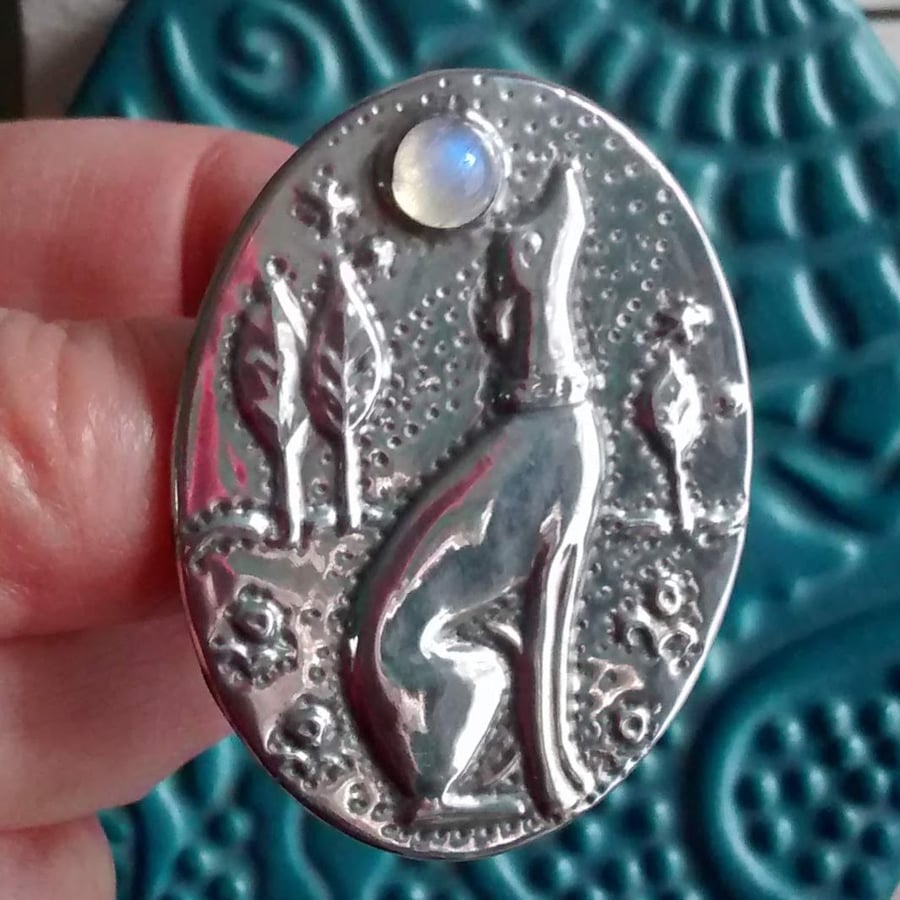 Silver Greyhound Brooch in Pewter with Moonstone Cabochon