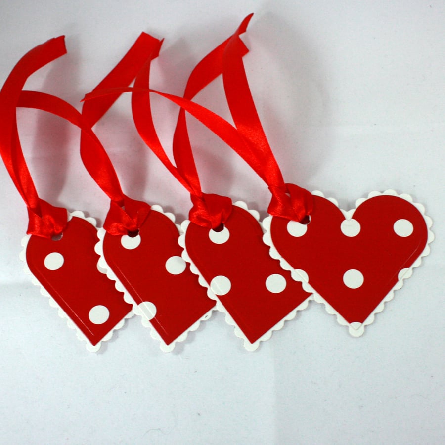 Handmade red and white spotty heart gift tags