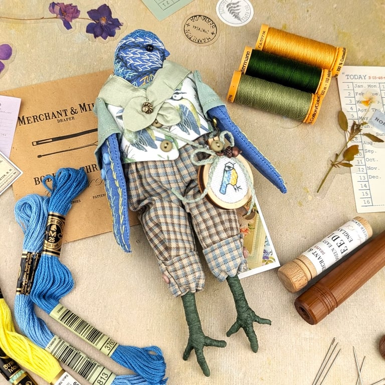 Tom,  A  Tiny Hand Embroidered Blue Tit Folk Art Doll