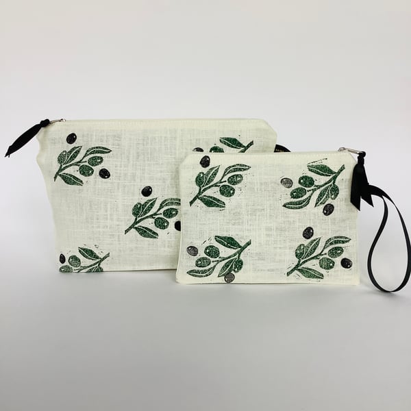 Linen Makeup Bag Mediterranean Olives Print; Hand printed Clutch Bag