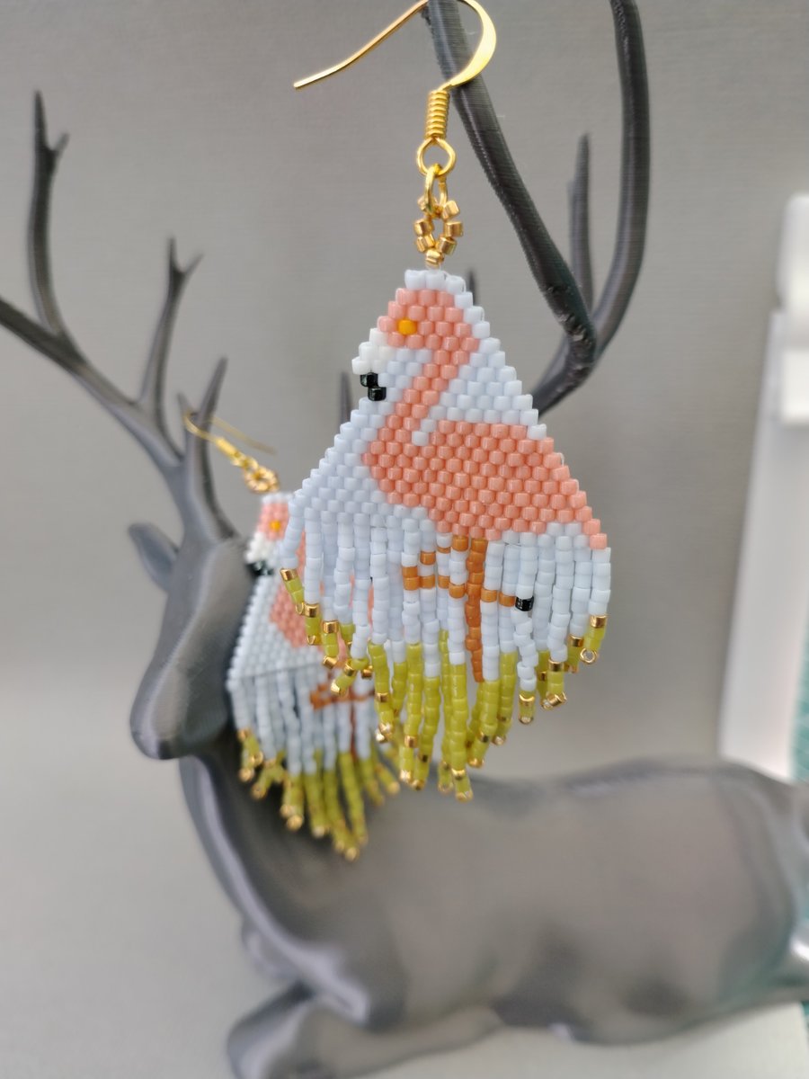 Flamingo seed beaded earrings