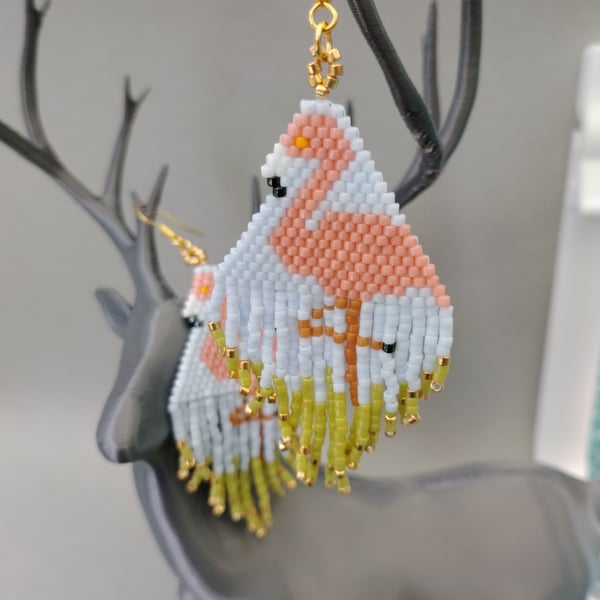 Flamingo seed beaded earrings