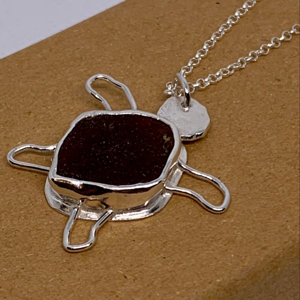 Dark Amber Sea Glass and Sterling Silver Turtle Pendant Necklace - 1048