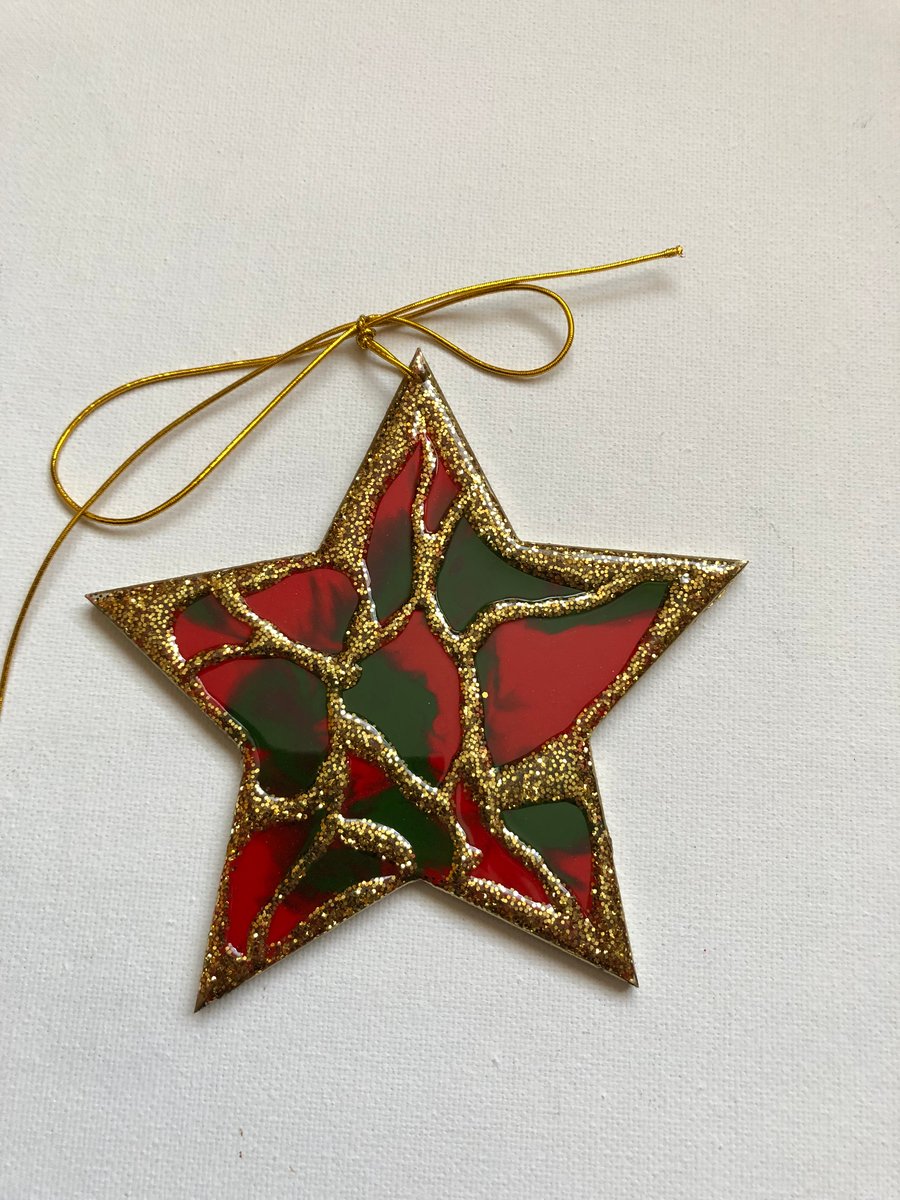 Christmas decoration, star, ornament, red, green , gold glitter , 125mm