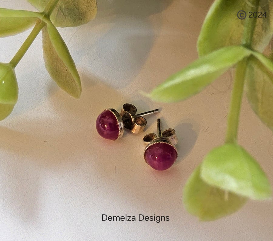 African Caboshon Ruby Stud Sterling Silver Earrings ONE OFF PAIR MADE