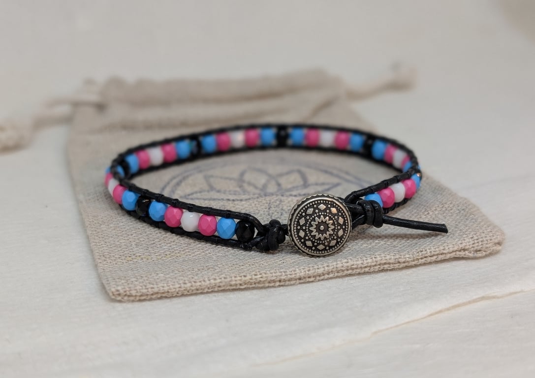 Trans flag coloured beads and black leather bracelet, LGBTQ, Pride