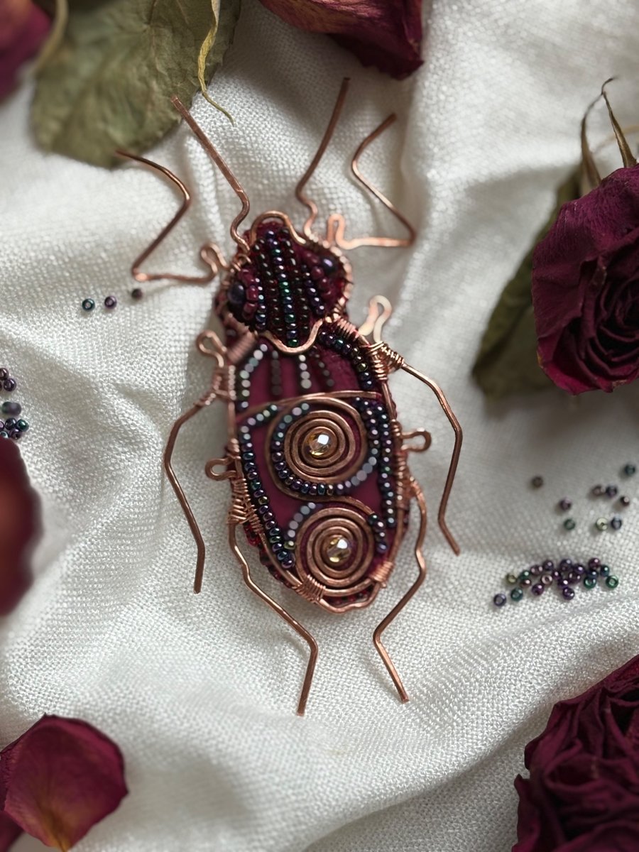 Handmade Beetle brooch - Copper Wire & Bead Embroidery Insect Pin