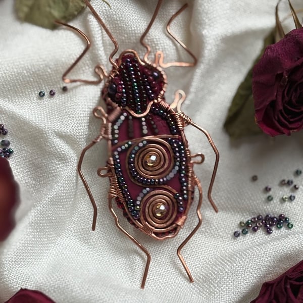 Handmade Beetle brooch - Copper Wire & Bead Embroidery Insect Pin
