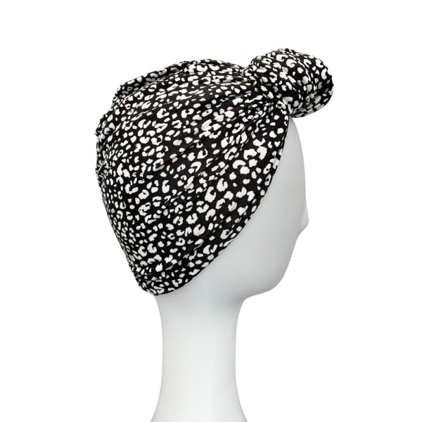 Black Leopard Print Hair Turban for Women, Top Knot Ladies Jersey Turban Hat