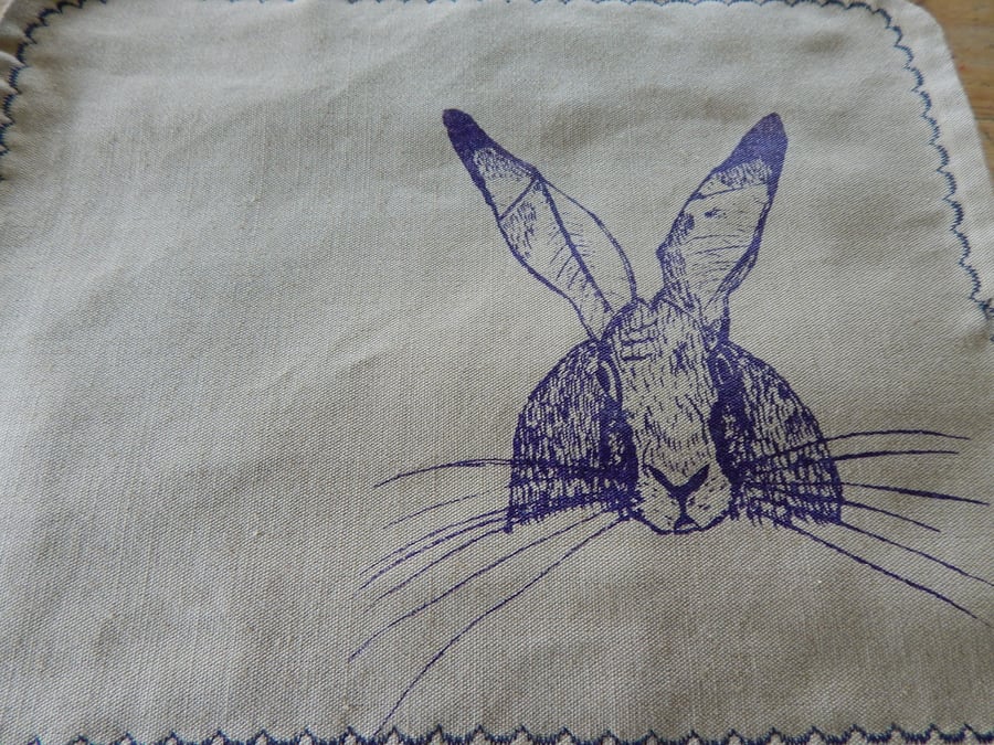 Violet screenprinted hare - fabric placemat - Folksy